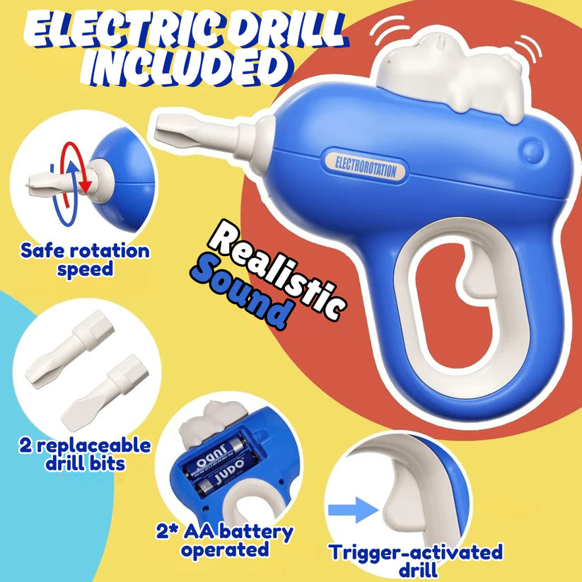 Hippo All-in-One Caja de Herramientas Montessori DIY – Banco de Trabajo 92 Piezas (Azul)