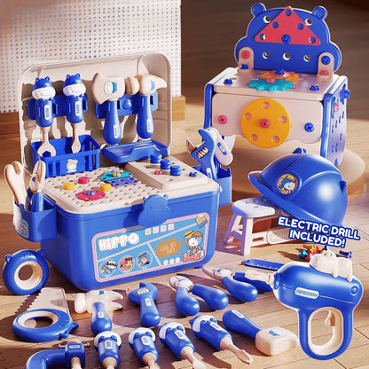 Hippo All-in-One Caja de Herramientas Montessori DIY – Banco de Trabajo 92 Piezas (Azul)
