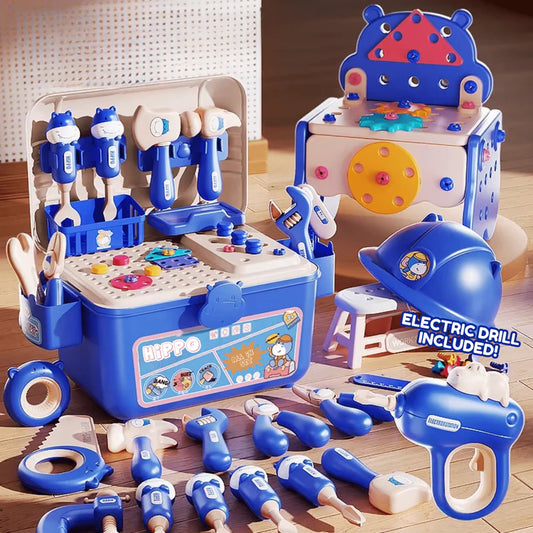 Hippo All-in-One Caja de Herramientas Montessori DIY – Banco de Trabajo 92 Piezas (Azul)