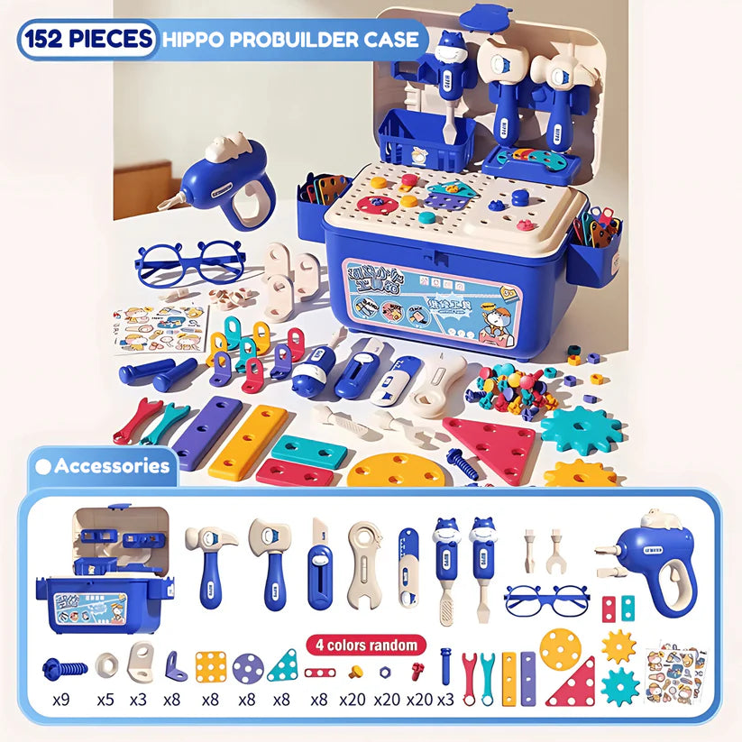 Hippo All-in-One Caja de Herramientas Montessori DIY – Banco de Trabajo 92 Piezas (Azul)