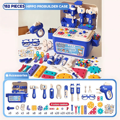 Hippo All-in-One Caja de Herramientas Montessori DIY – Banco de Trabajo 92 Piezas (Azul)