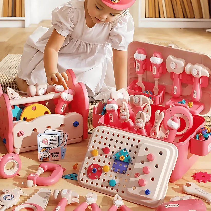 Hippo All-in-One Caja de Herramientas Montessori DIY – Banco de Trabajo 92 Piezas (Azul)